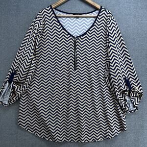 Espresso Womens 3X Black Tan Chevron Print Roll Tab Sleeve Blouse Top Plus Size